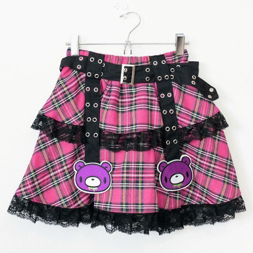 Gloomy Bear Hot Pink & Purple Checkered Punk Rock, Emo, Rave Skirt